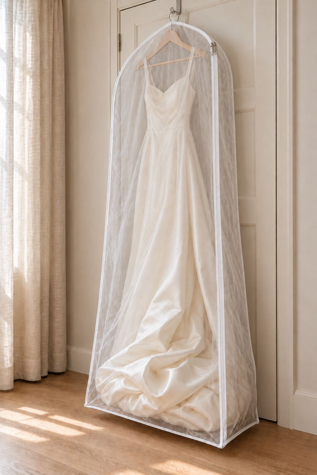 La housse en tulle fermée sur toute sa longueur, suspendue à une porte, une robe de mariée à l’intérieur