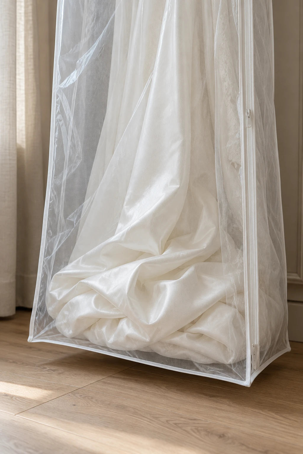 La traîne de la robe repliée au fond de la housse en tulle