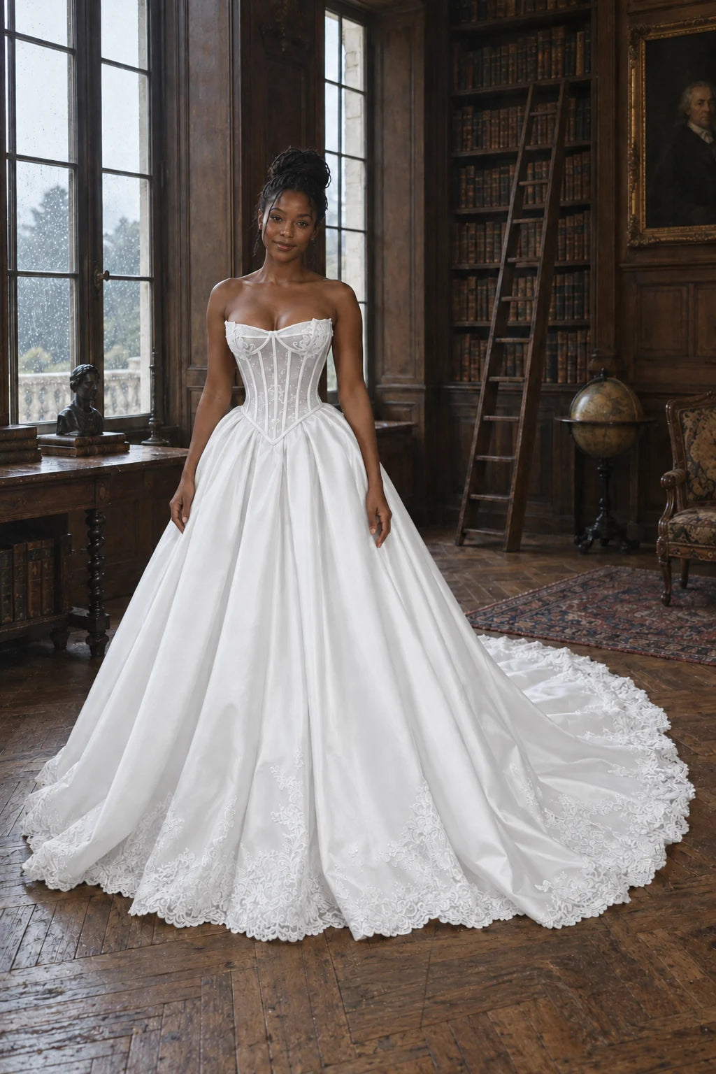 Sophia, robe de mariée bustier en satin à taille basque, de face dans une bibliothèque