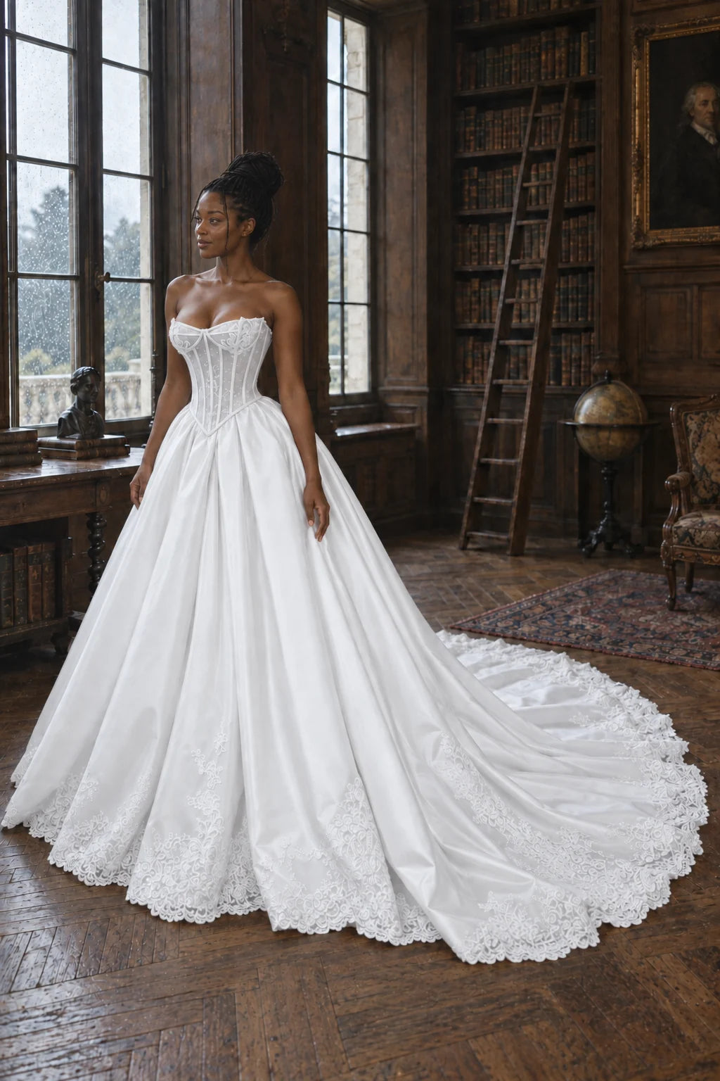 Sophia de trois quarts : corset baleiné sous tulle, taille en pointe et longue traîne bordée de dentelle