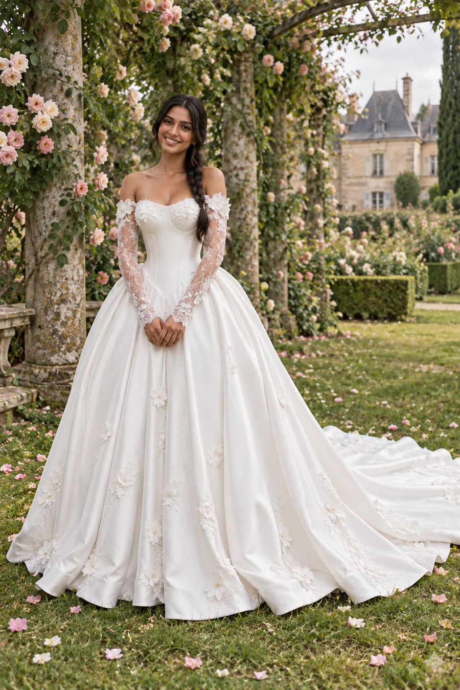 Adèle, robe de mariée en satin ivoire, manches de dentelle et fleurs en relief, vue de face