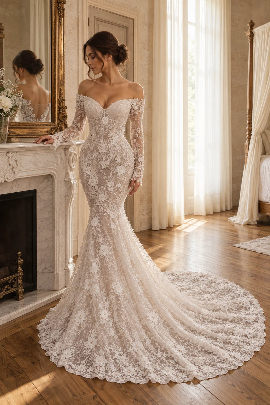 Robe Éloïse vue de trois quarts : ligne sirène et manches en dentelle, le dos visible dans le miroir