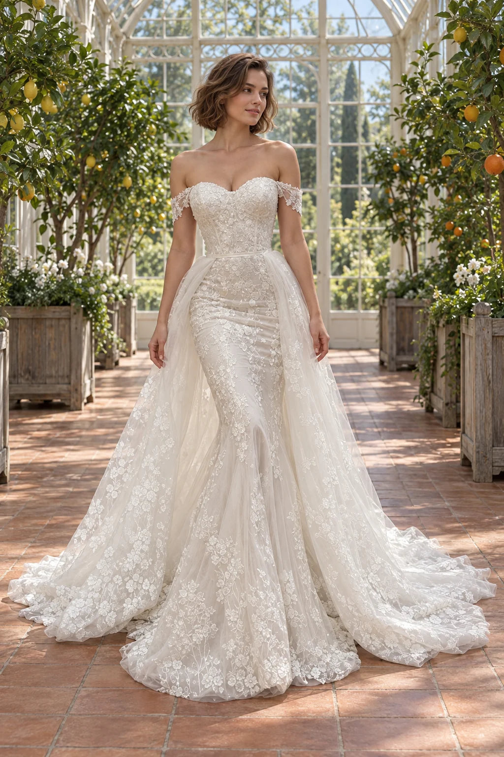 Robe Gabrielle vue de face : sirène en dentelle florale, épaules dénudées, décolleté cœur, surjupe de tulle en traîne