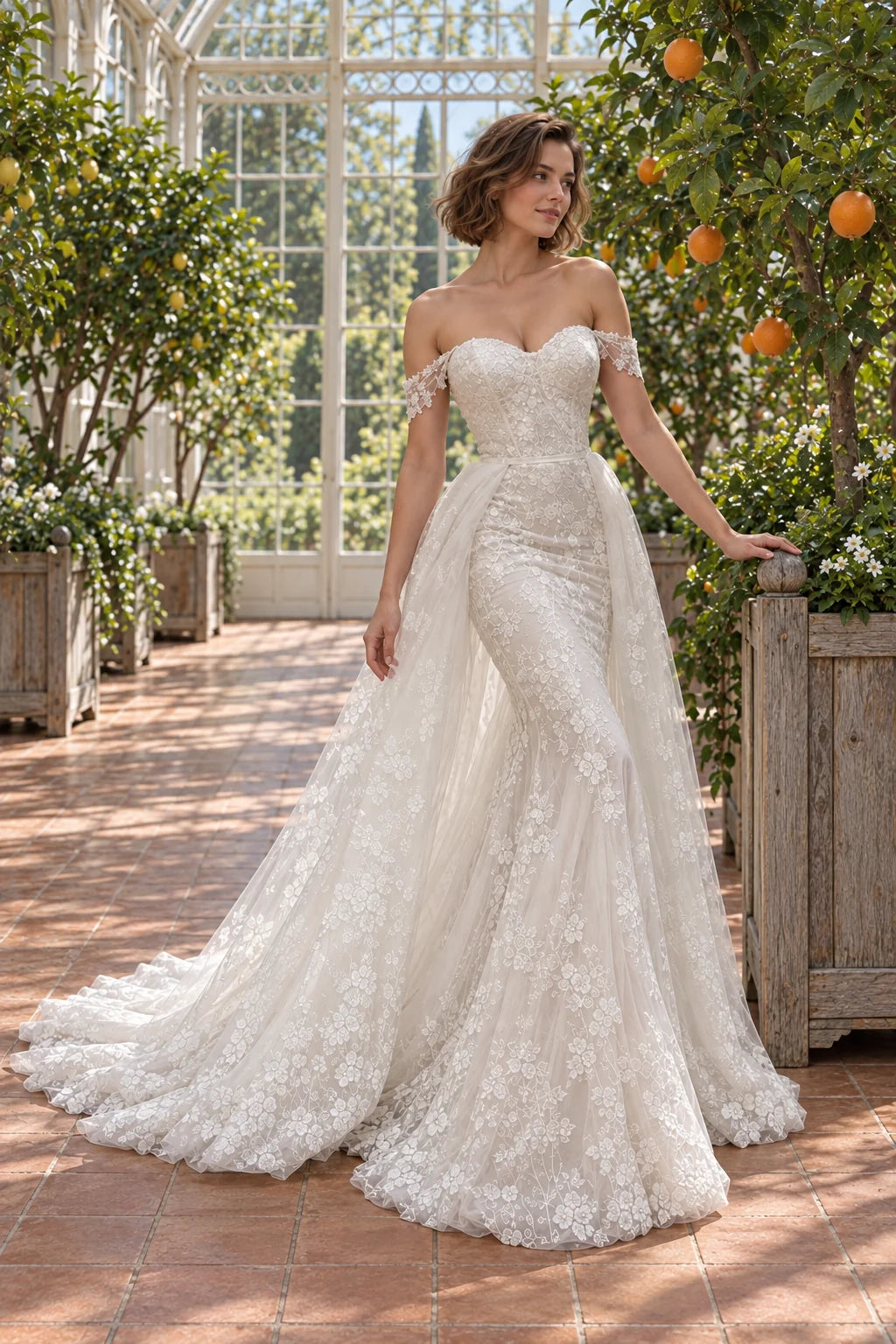 Robe Gabrielle de trois quarts : dentelle sirène et surjupe de tulle fixée à la taille