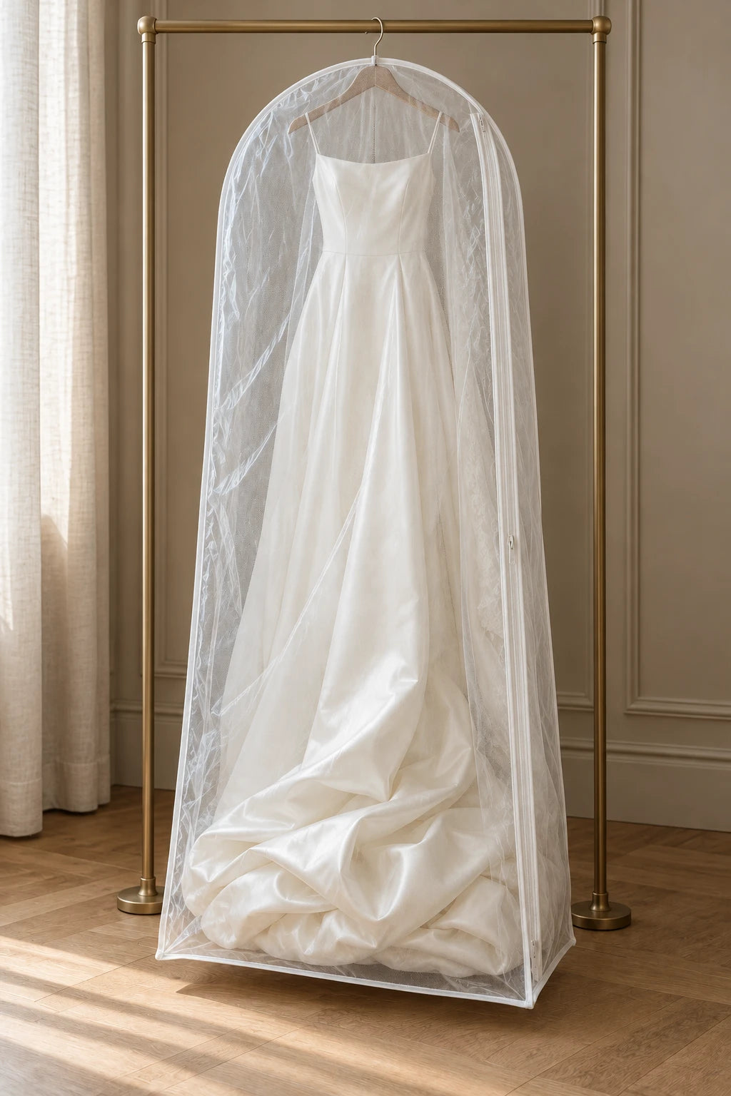 La housse en tulle transparent fermée, une robe de mariée à l’intérieur, sur un portant