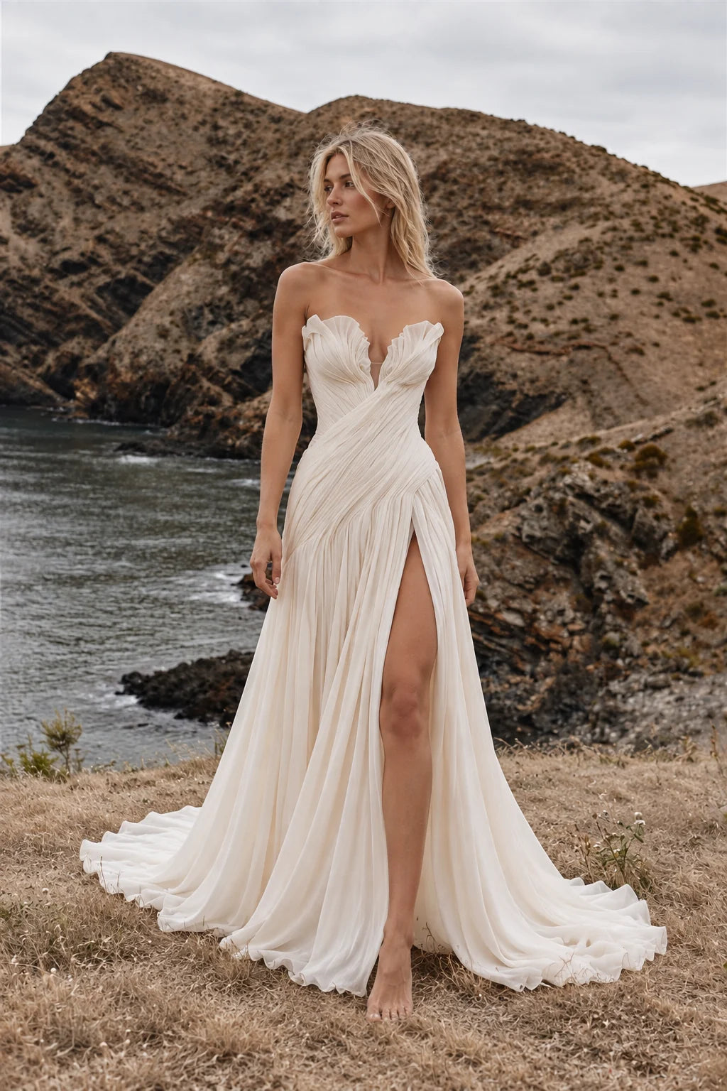 Robe Inès, bustier sans bretelles en mousseline plissée, fente sur la jambe, vue de face
