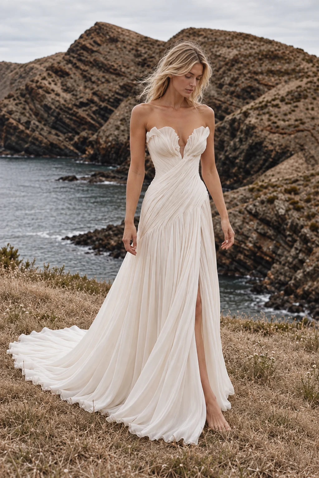 Robe Inès vue de trois quarts, drapé plissé du bustier et fente latérale