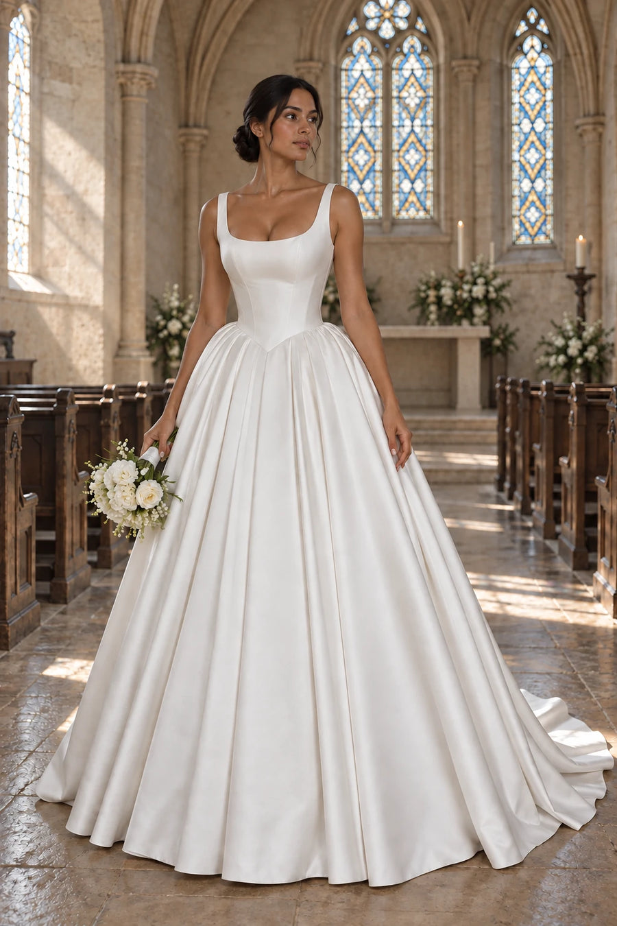 Robe Jeanne vue de face : satin ivoire, encolure carrée arrondie, bretelles moyennes, taille en pointe et jupe à grands plis