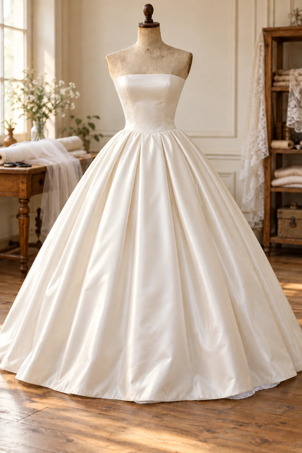 Une robe de mariée en satin portée sur le jupon, en forme de robe de bal