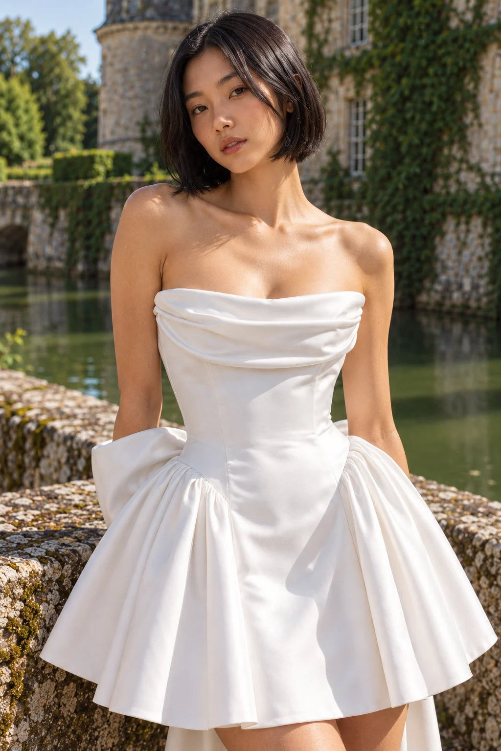 Lila, détail du bustier drapé et de la jupe évasée