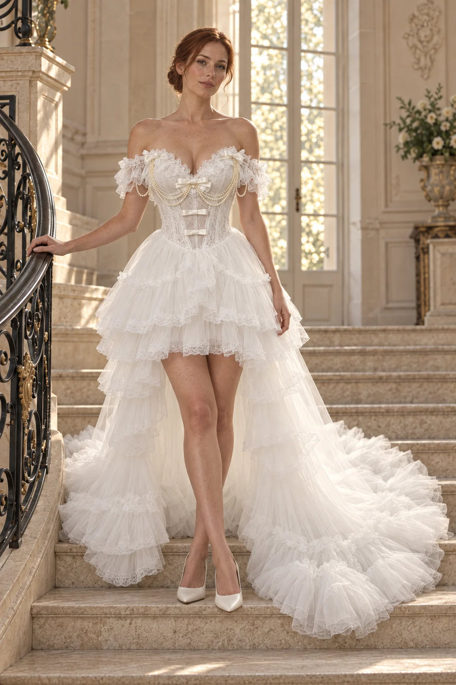 Robe Rosalie vue de face : bustier cœur en dentelle, épaules dénudées, nœuds et rangs de perles, jupe courte en tulle à volants et traîne amovible